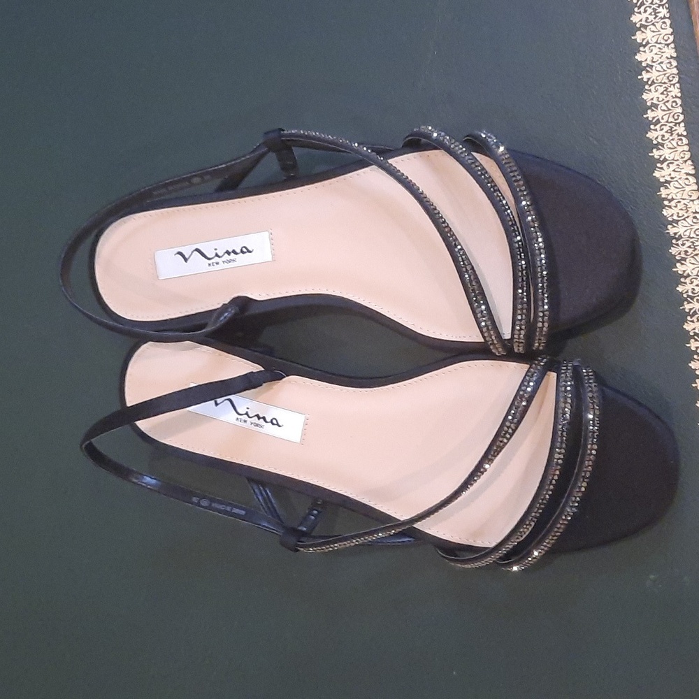 Nina Black Strappy Sandals with Rhinestones